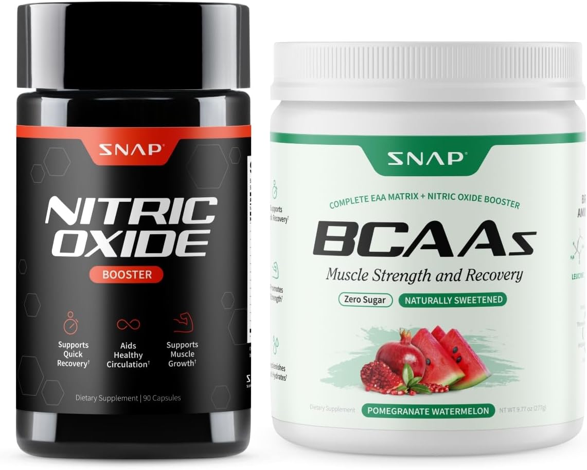 Snap Supplements Nitric Oxide Booster + BCAA Complete EAA Matrix Powder Bundle, 90 Vegetarian Capsules + 30 Servings Pomegranate Watermelon