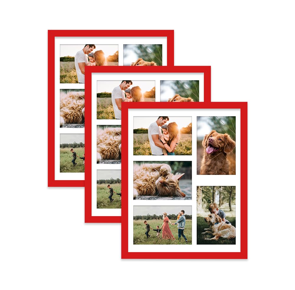 Red Multi Photo Frame - Holds 5 x 6x4 Pictures, Family Collage Picture Frame for Wall Display, 14x11 Frame size, Set of 3