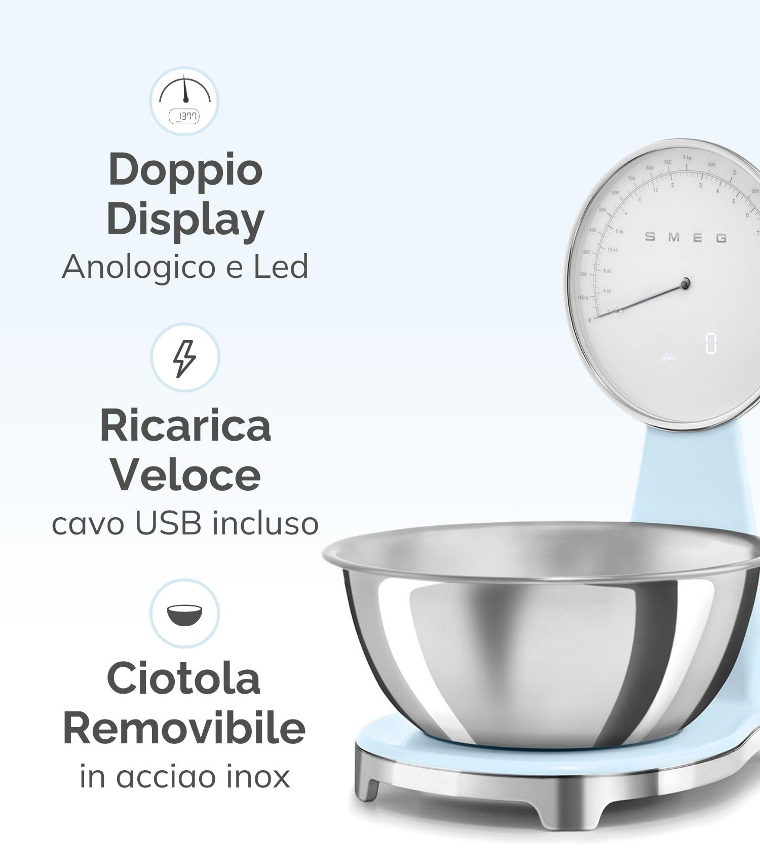 Smeg, Bilancia da Cucina Digitale e Analogica KSF01PGWW, Ciotola in Acciao Inox 1,8L Removibile, Quattro Unità di Misura g/ml e lb.oz/fl.oz, con Funzione Tara, Portata Massima 5kg, Verde Pastello