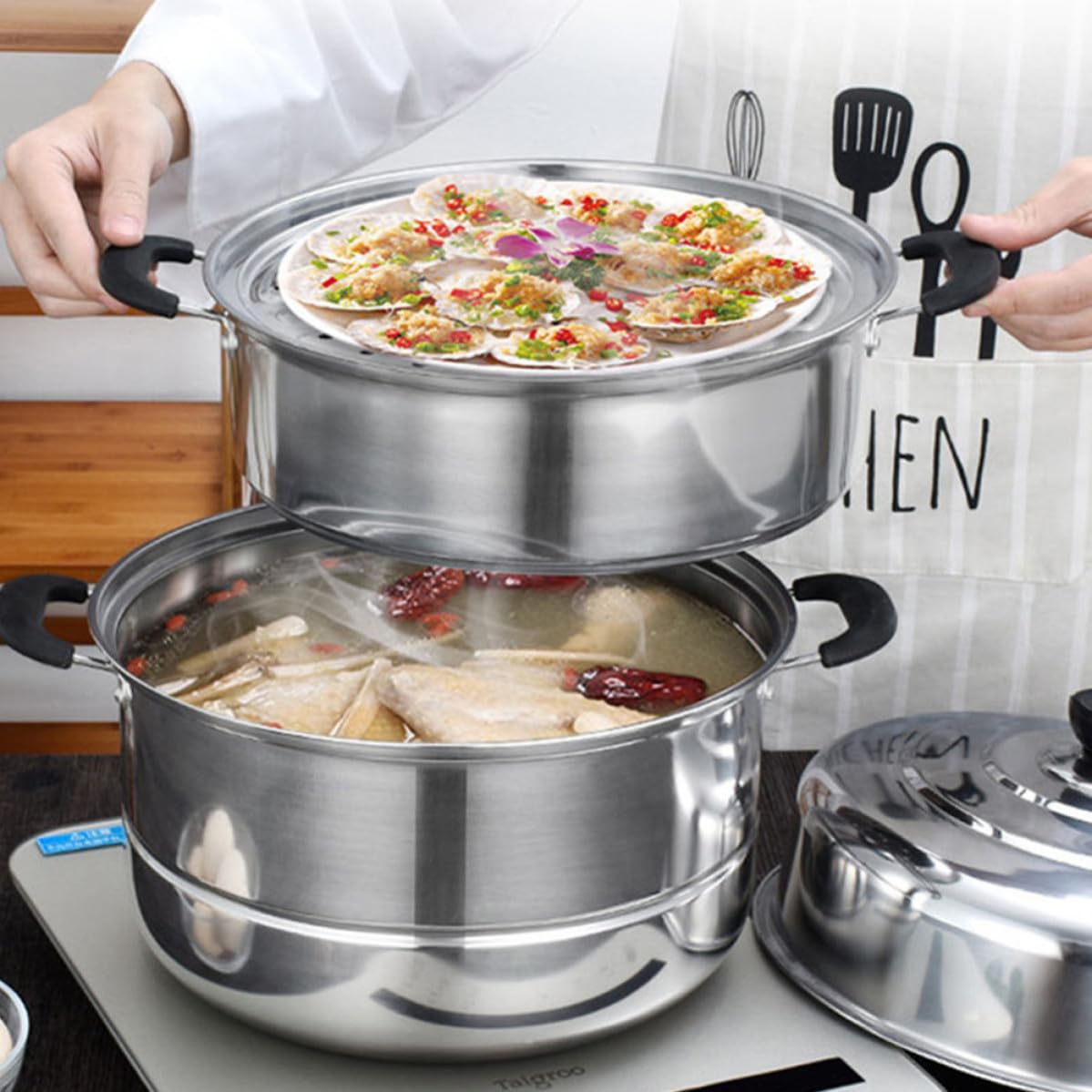 Acero Inoxidable Olla de Vapor de 3 Niveles para Cocina Casera