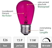 Vista 2 de Bombillas incandescentes de repuesto S14, 15 unidades, color morado transparente, bombillas E26 de 11 W para luces de cadena de exteriores