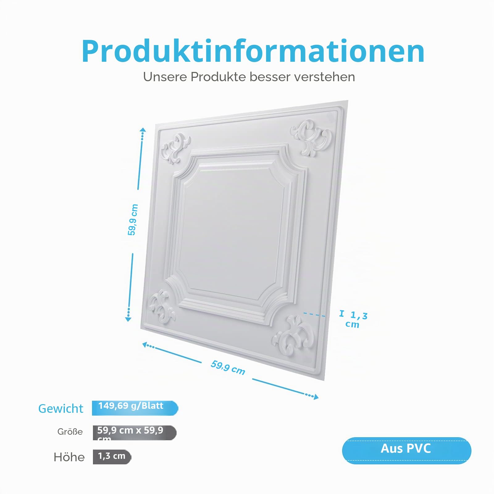 Art3d 12 Stück,4,5 m², Dekorative Deckenfliesen,Decken-Fliesen, 61 x 61 cm, Weiß Quadratisches Prägemuster