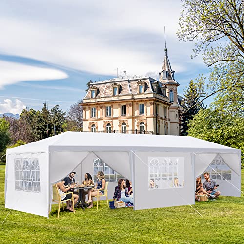 LIULINREST 10X30FT White Party Canopy Tent, Outdoor Tent with 8 Removable Sidewalls, Waterproof Shelters Gazebo for BBQ, Birtheday Party, Wedding, Events, Backyard, Garden and Patio
