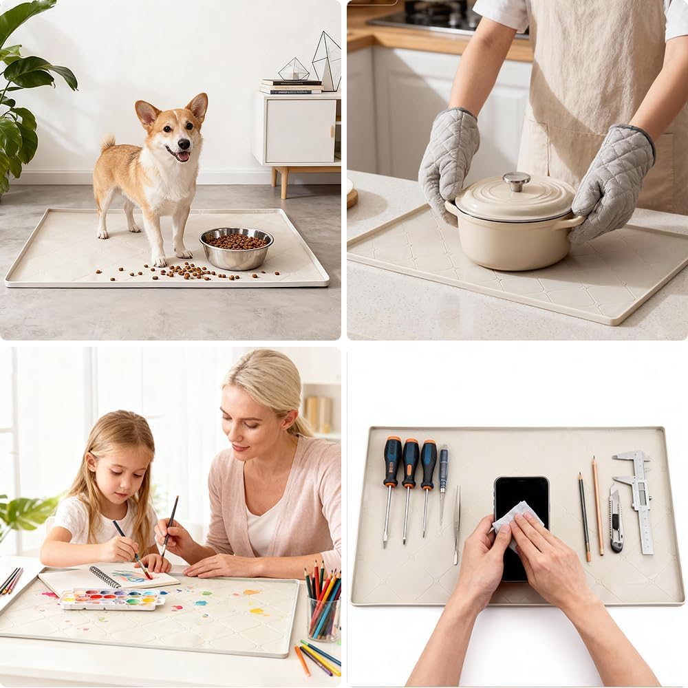 34" x 22" Under Sink Liner and Protector for Bottom of Kitchen Sink Beige, Waterproof Under-Sink Organizers Sink Mat Protectors, Flexible Silicone Drip Tray Pet Food Mats