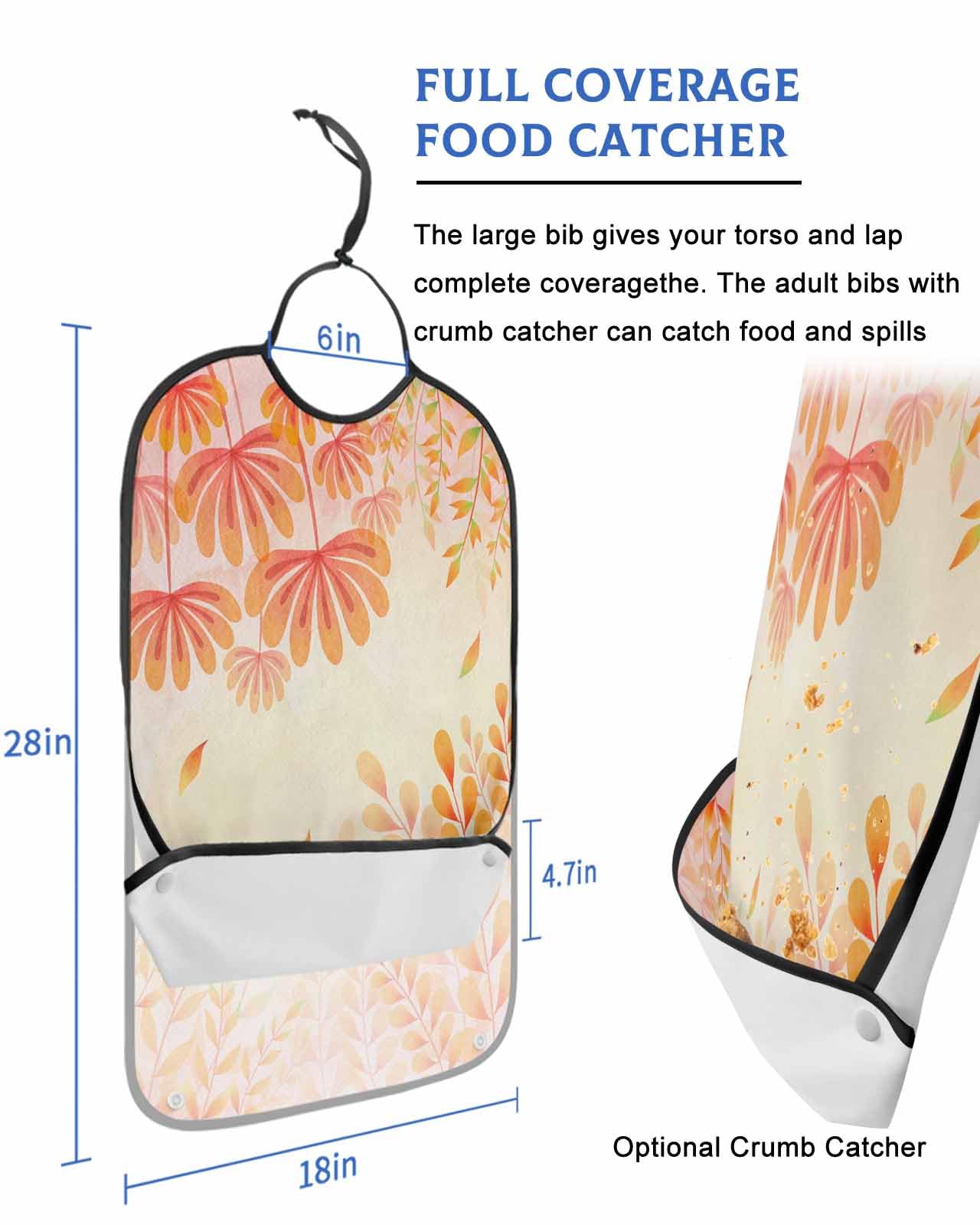 Adult Bibs for Women Men Ombre Fall Orange Plants Leaves Waterproof Apron for Elderly, Reusable Adult Bibs for Eating with Adjustable Strap Snap Closure - Washable with Optional Crumb Catcher, Large