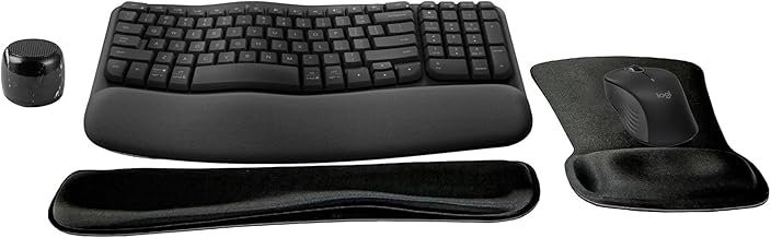 Logitech MK670 Comfort Wave Wireless Keyboard & Mouse Combo Home Office Active Lifestyle Modern Bundle with Special Edition Micro Portable Wireless Bluetooth Speaker, Gel Wrist Pad & Gel Mouse Pad