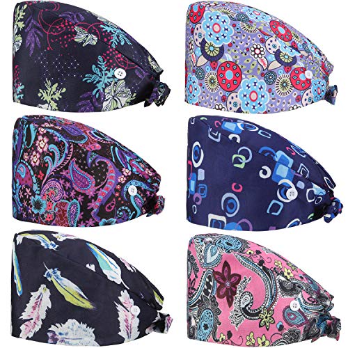 Geyoga 6 Pieces Working Cap Button Cap Adjustable Bouffant Hats with Buttons Tie Back Hat with Sweatband Flower Printed Caps for Men Women Favors