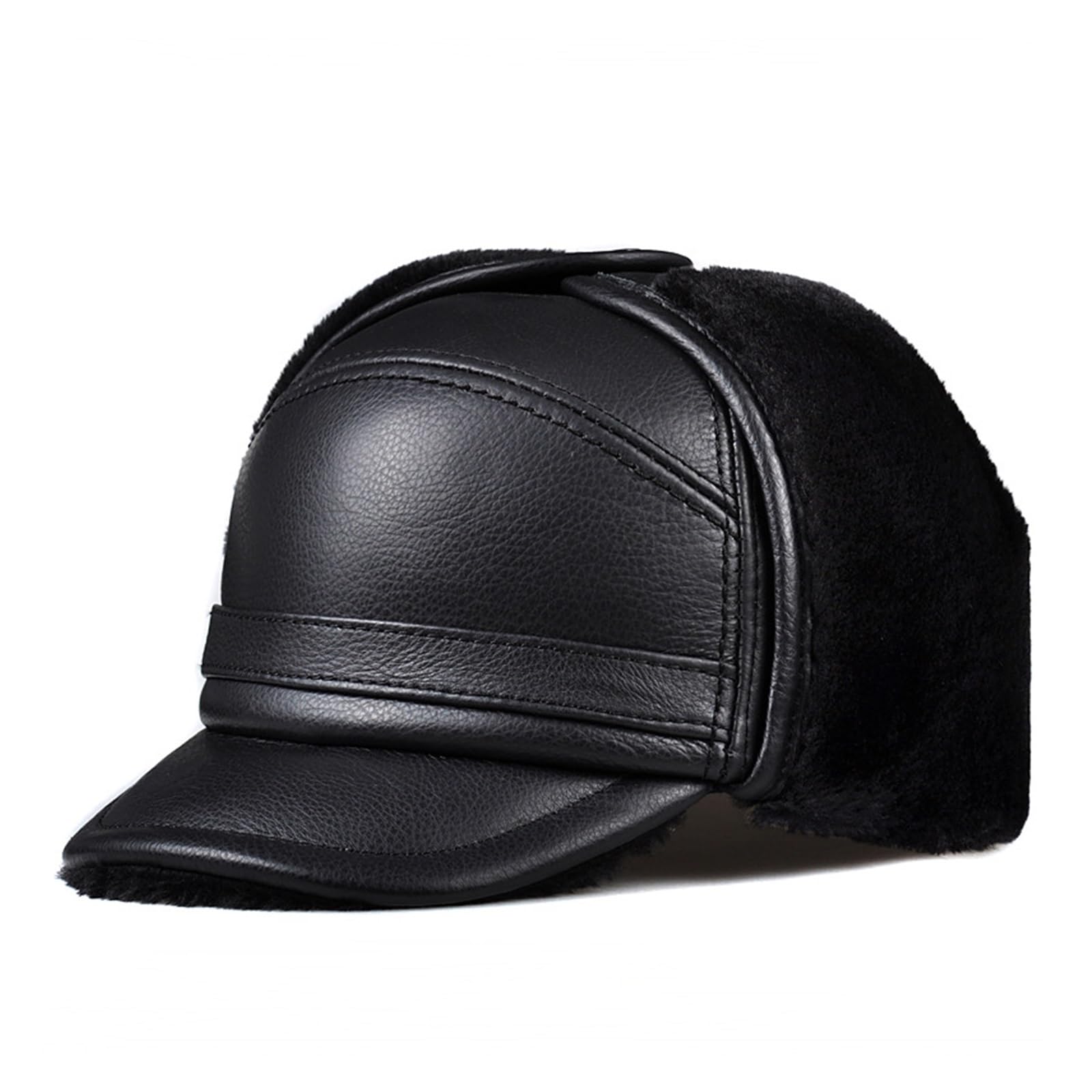 Male Winter Warm Ear Protection Bomber Hat Man Genuine Leather Faux Fur Inside Black/Brown Ultra Large Size 54-62cm Caps