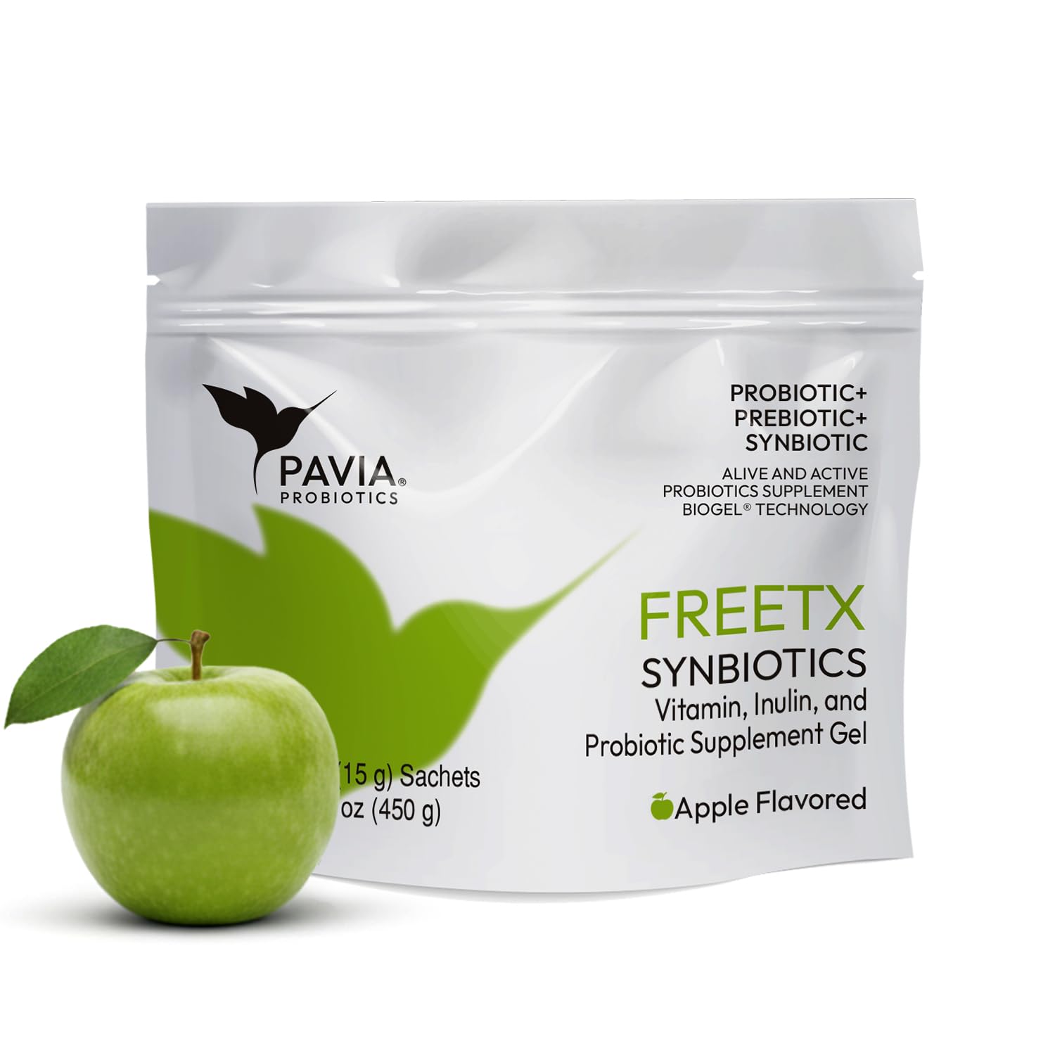 Pavia Live Probiotics Bio-Gel with Fiber FreeTX | Probiotics & Prebiotics | Digestive Support | 1 Billion Live Cultures | Green Apple Flavor | 30