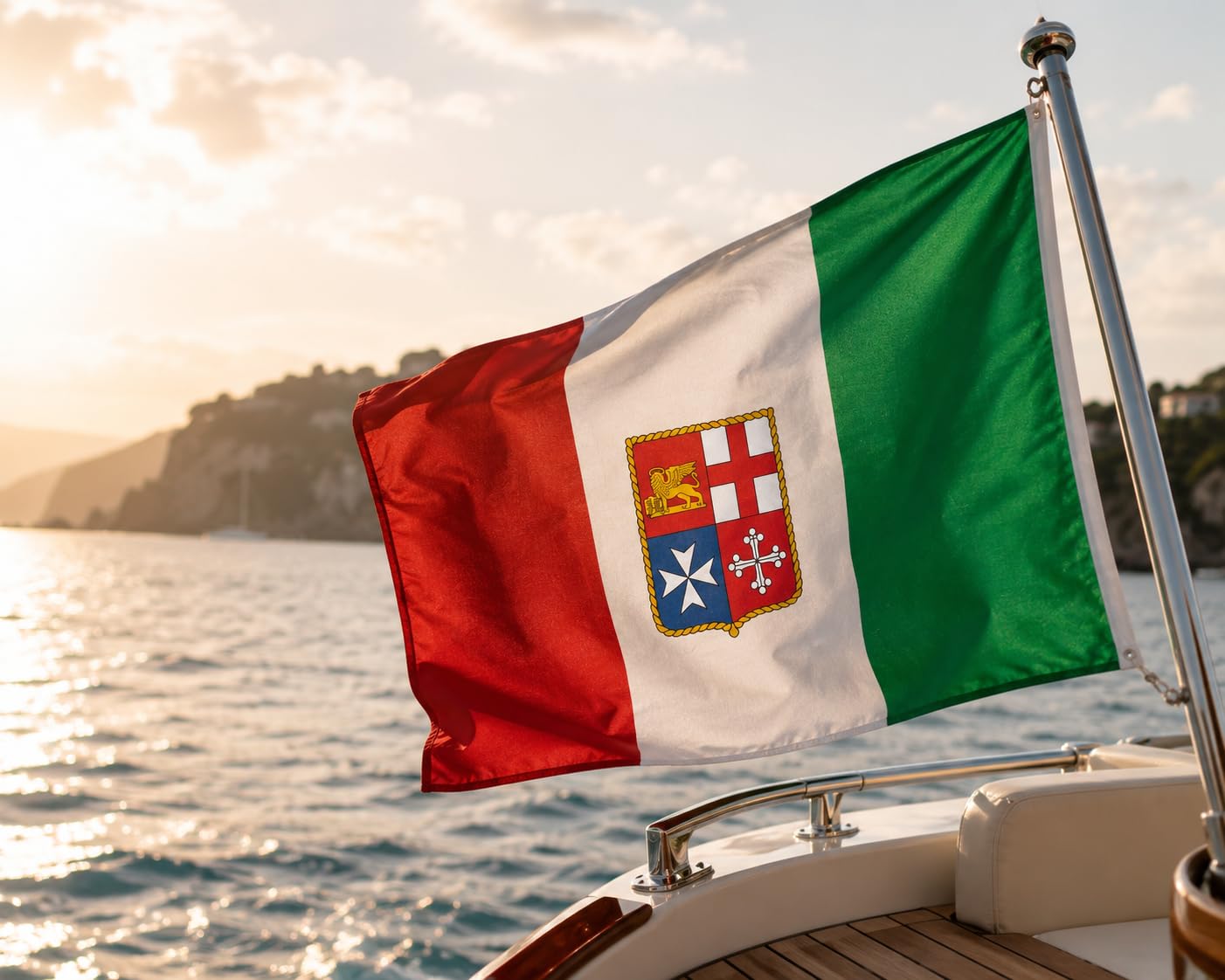 Bandiera Italia Marina Mercantile – Bandiera Nautica Italiana con Stemma Marina Mercantile – Tessuto Resistente per Barca, Yacht, Porto, Eventi e Collezione Misure 145 x 230 cm