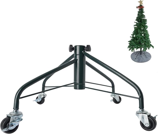 Ouvin Foldable Heavy Duty Christmas Tree Stand for 7 Foot Artificial Tree Holder with 4 Wheels (Green)