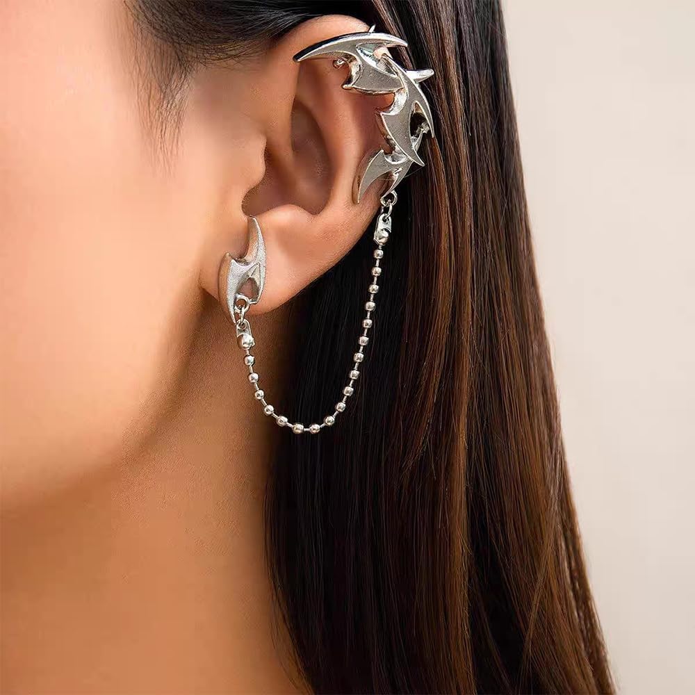 Silver Plated Darts Chain Ear Cuff Earrings for Women,Stylish Punk Cyberpunk Spike Beaded Tassel Climber Earrings,Dainty Band Bar Jewelry Gifts