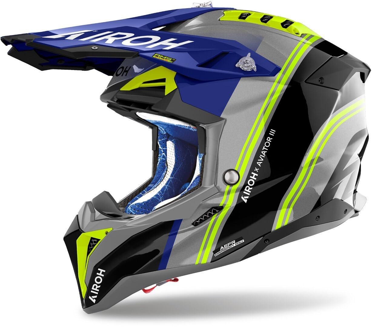 Airoh Men's Blue Yellow Aviator 3 Hima Motocross Helmet, Blue-Yellow, Size M For