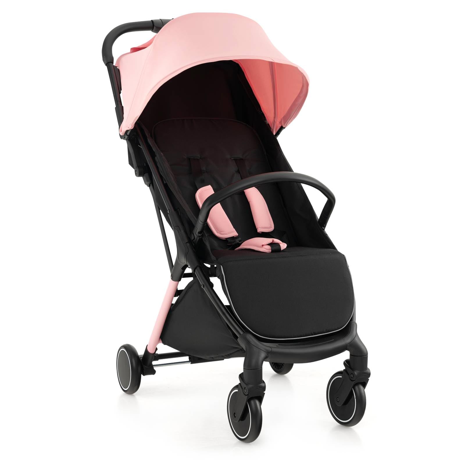 GYMAX Passeggino pieghevole portatile con una sola mano, cintura di sicurezza a 5 punti, ruota bloccabile, poggiapiedi regolabile, tettuccio e schienale, passeggino da viaggio per bambini da 0 a 3