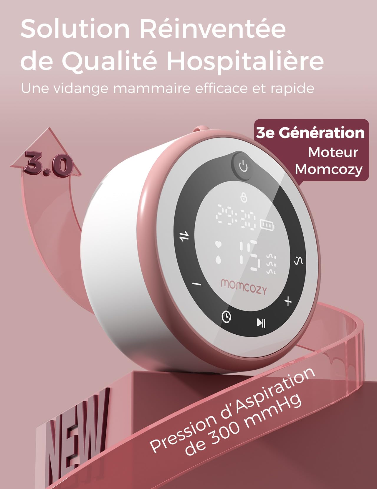 Momcozy V1 Pro Tire lait Electrique, Aspiration 300 mmHg, Collecteurs gradué 230 mL, Électrique mains libres silencieux, Tétons DoubleFit anti-fuite, 3 rythmes × 15 niveaux