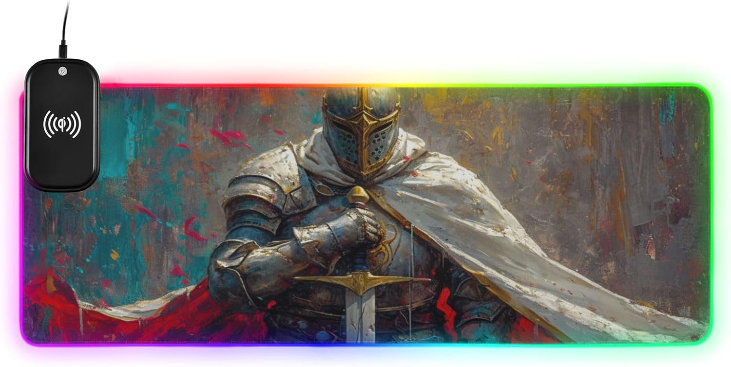 AIXIWAWA (Knight with Armor Wireless Charging Mouse Pad 15 w RGB Glowing Mouse Soft Mat Large Oversized Gaming Keyboard Pad for Desk