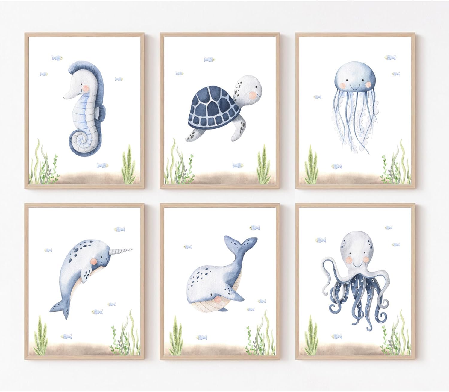 Nursery Wall Art Sea Animal Canvas Prints Baby Girl Boy Room Decor Watercolor Paintings Pictures Cute Ocean Theme Toddler Room Decoration Set of 6 for Kids Bedroom Bathroom 8x10in Unframed