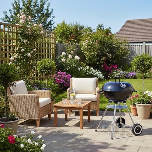 Relaxdays Kugelgrill mit Deckel, Ablage & Aschetopf, fahrbar, Garten & Camping, Grill ∅ 40 cm, Holzkohlegrill, schwarz