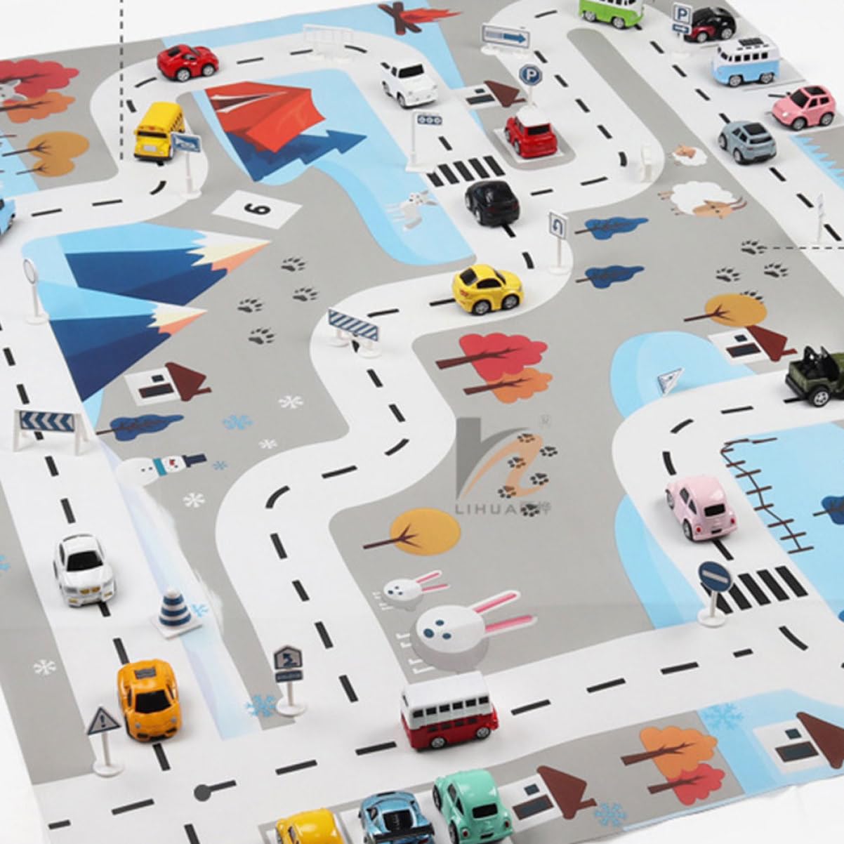 KOMBIUDA Nordic Blue Traffic Game Mat for Kids Non-Slip Baby Play Mat Soft Crawling Rug for Indoor and Outdoor Use for Boys and Girls