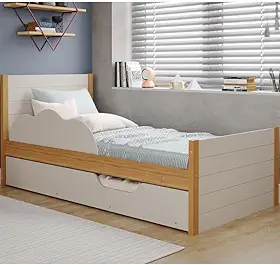 Bicama Infantil Solteiro 100% Mdf Bibox Cama Auxiliar Com Rodizio Nuvem Nature/off White