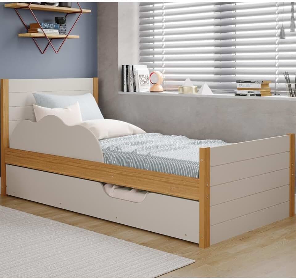 Bicama Infantil Solteiro 100% Mdf Bibox Cama Auxiliar Com Rodizio Uli Nature/off White