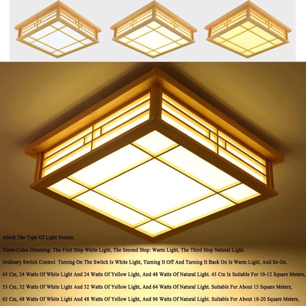 Japanese Style Wood Ceiling Light Orginal Wood Led Flush Mount Ceiling Lamp Lighting Fixtures for Bedroom Living Dining Room Kitchen Cloakroom Aisle Balcony Corridor(Warm Light,45Cm)/Trichromatic Dimm