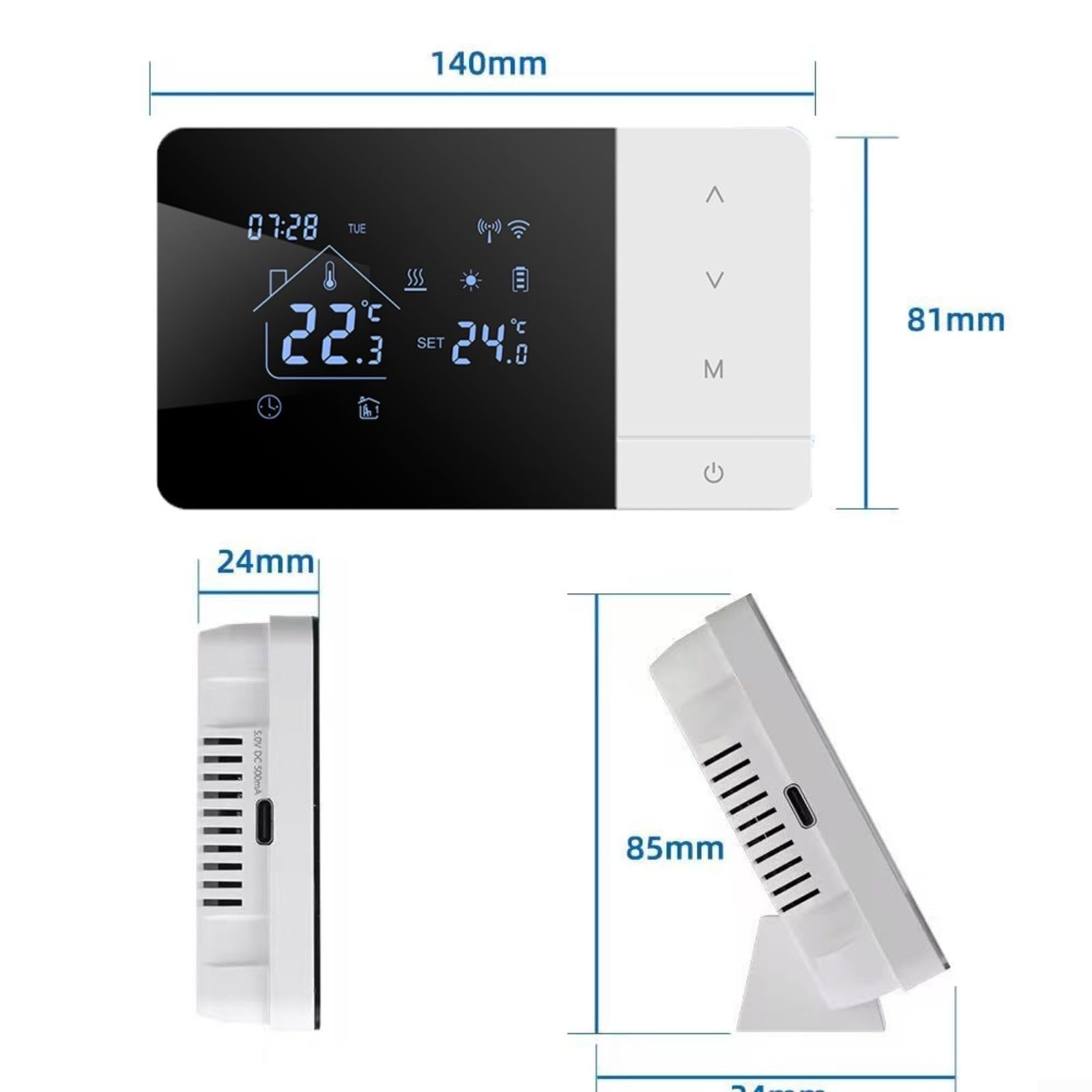 Termostato programmabile wireless per Tuya per controllo remoto tramite app e voce, impostazioni settimanali per 7 giorni con 6 periodi temporali, precisione di controllo ±0,5°C, alimentazione a
