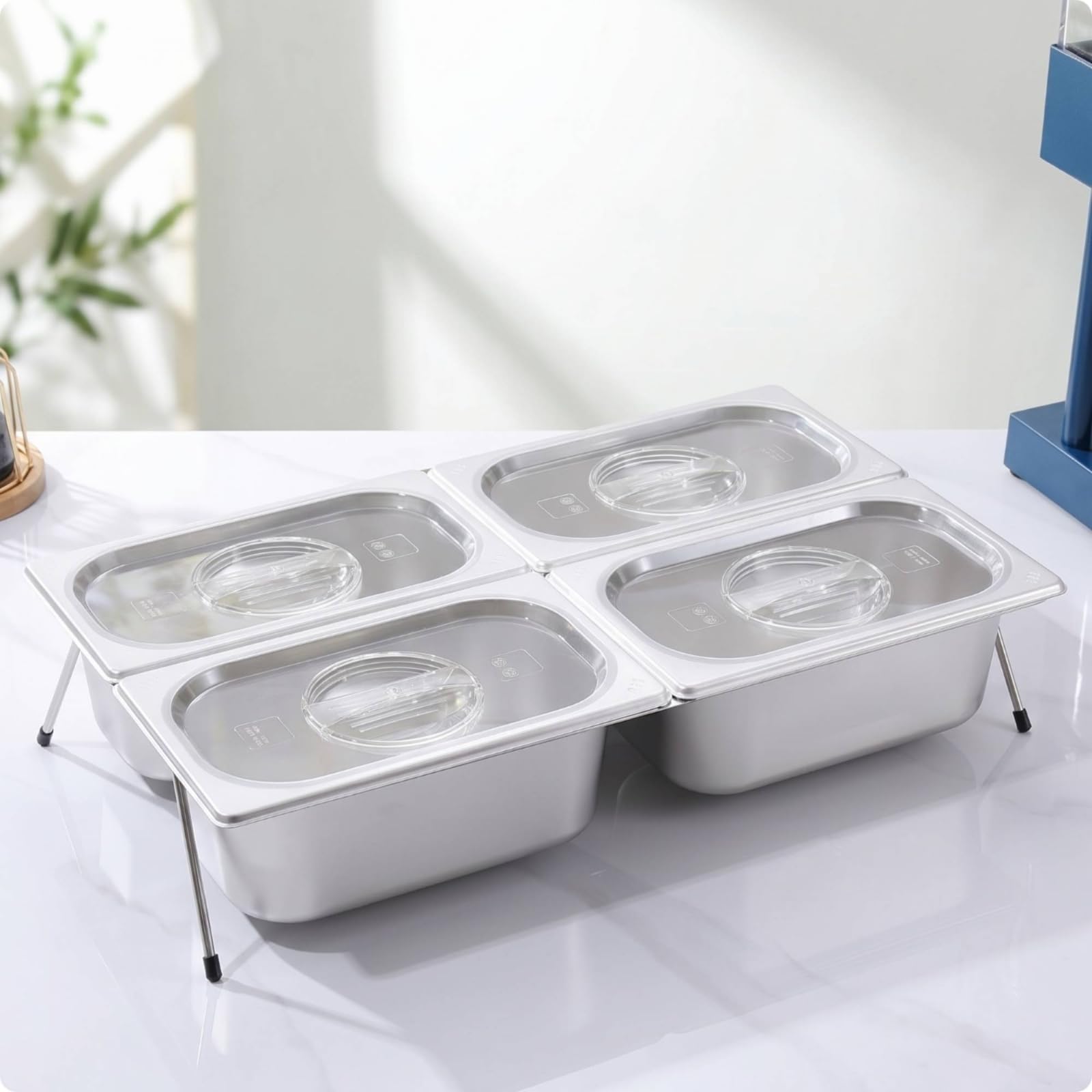 Vassoio a 4 Scomparti da Banco Vassoio in Acciaio con Supporto Professionale per Ristoratori, 4 Scomparti 15cm + Supporto 16cm