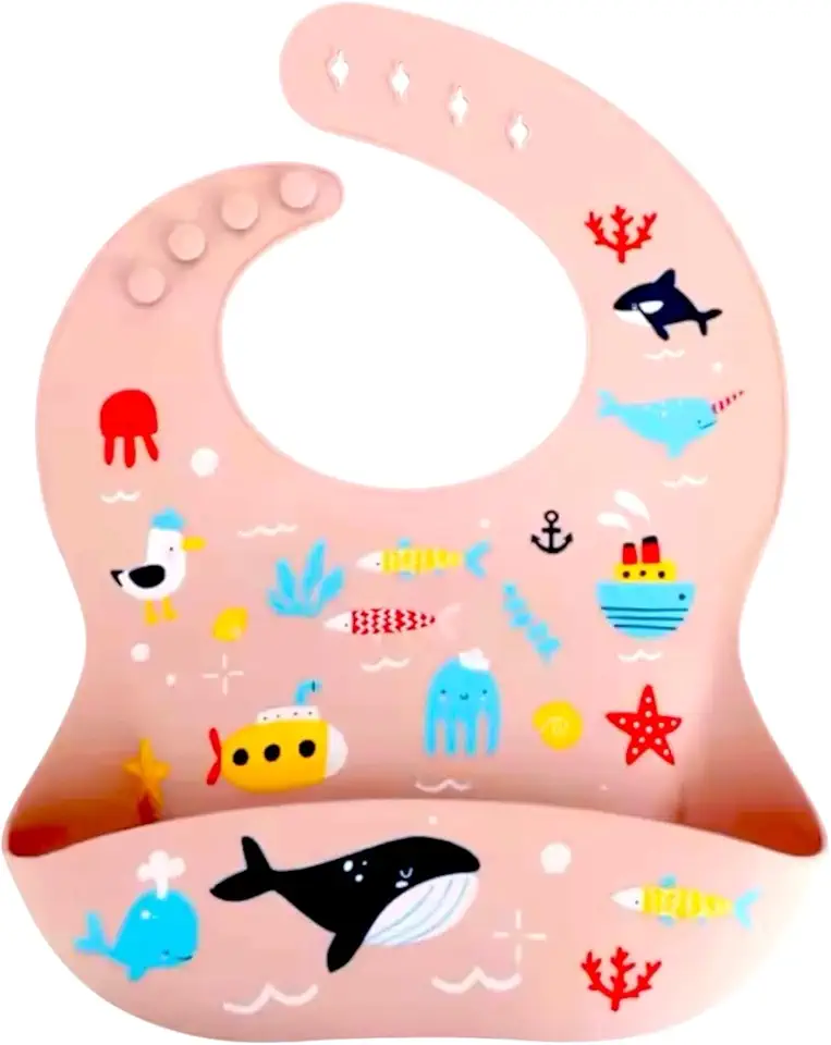 Babador Infantil de Silicone com Bolso, Estampa de Animais Marinhos, 29 x 22cm