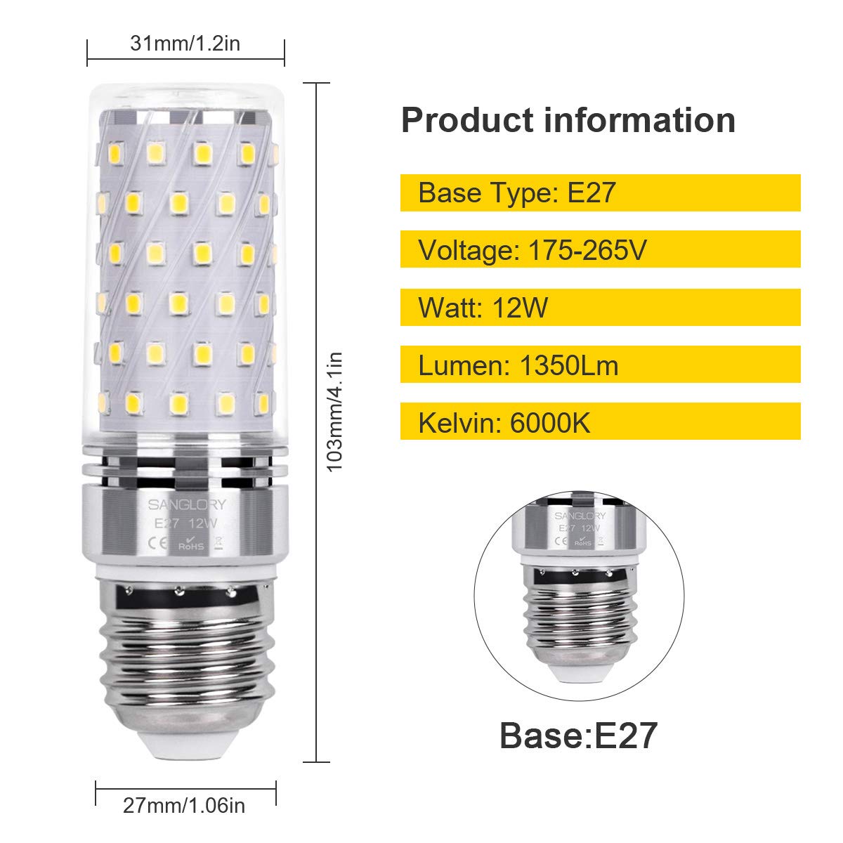 SanGlory Lampadina LED E27 Luce Fredda, 12W equivalente a 100W Lampada Alogena, Lampadine Mais E27 6000K, Risparmio Energetico, Non Dimmerabile, Nessun Sfarfallio, Pacco da 4