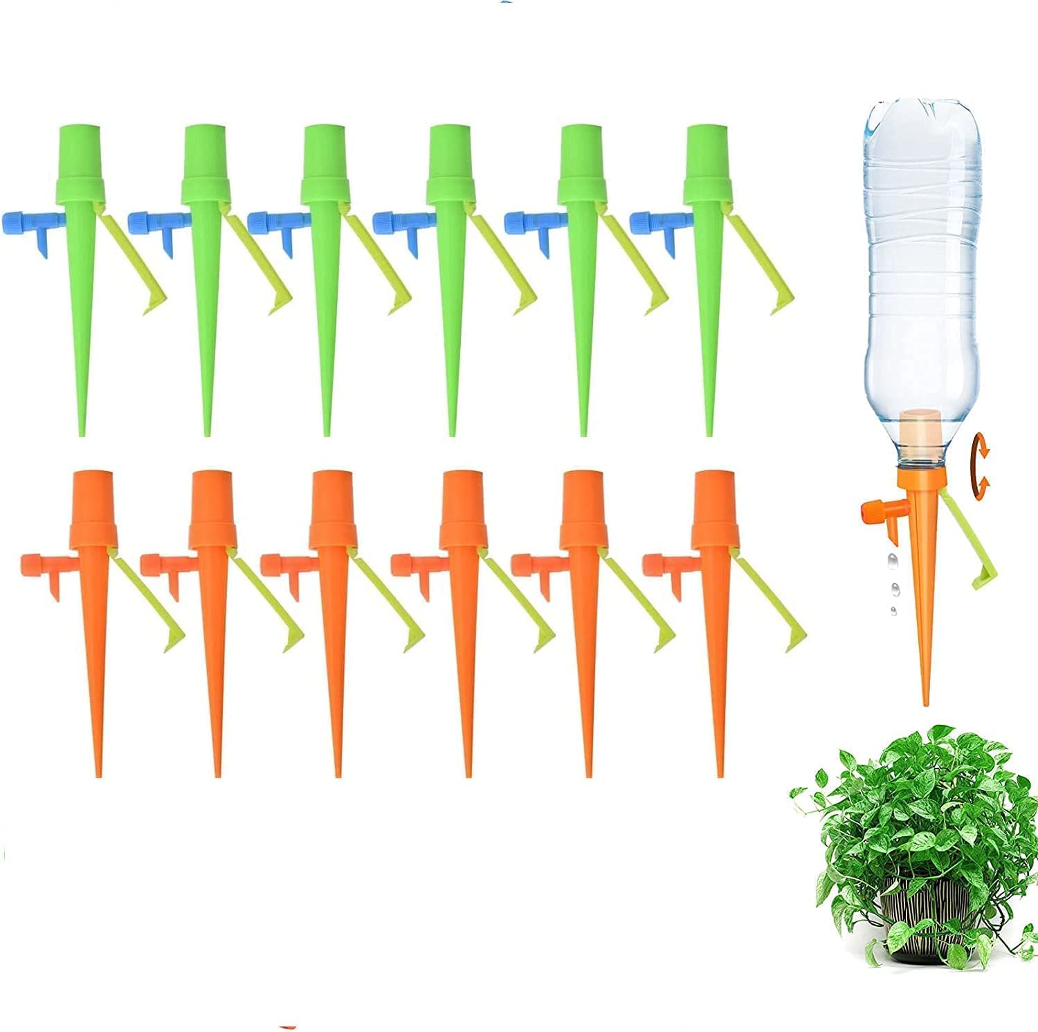 AREVERA 12Pcs Self Plant Watering Devices with Valve Control, Automatic Watering Spikes Devices with Slow Release and Anti-Tilt Anti-Down Bracket for Indoor Outdoor Plants Watering Drip Irrigation