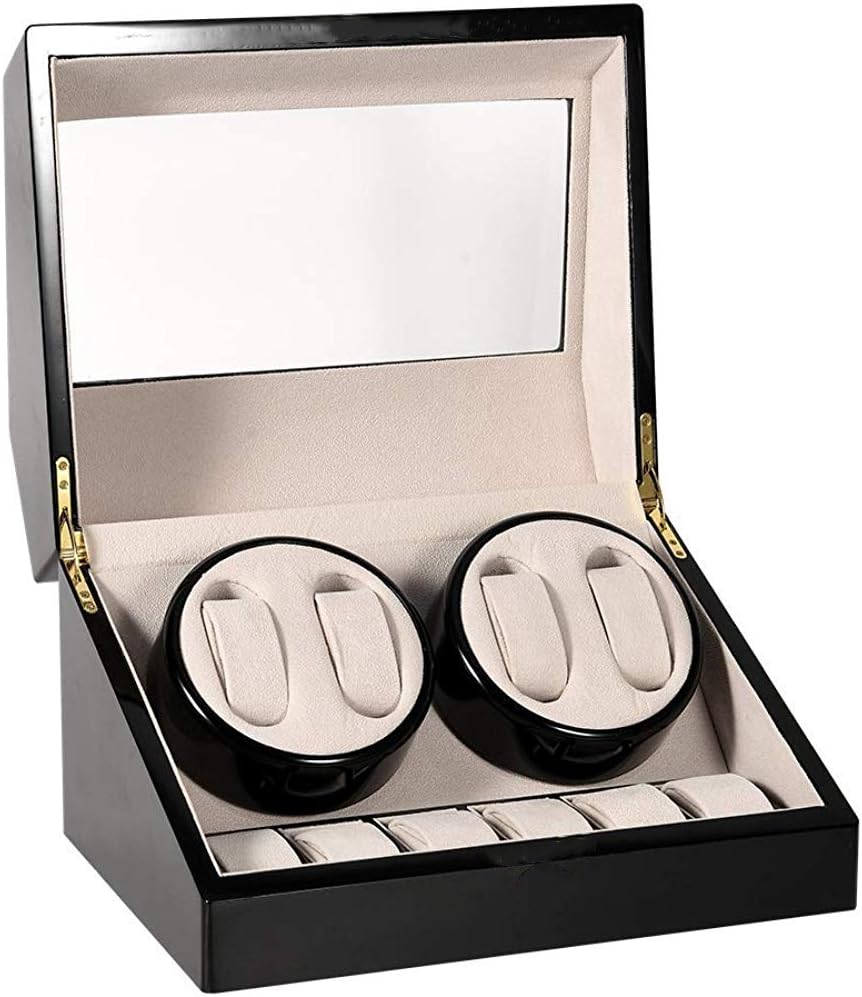 HEZALA Automatic Double Watch Winder with Quiet Mabuchi Motor for Men, 4+6 Watches Storage Box Case for Rolex, Wood Shell Piano Paint Exterior, Soft and Flexible Watch Pillows