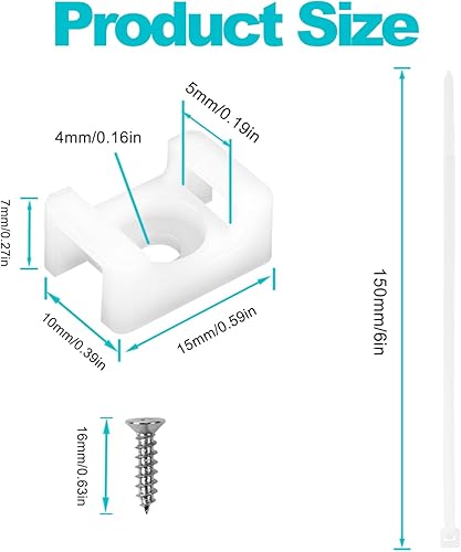 Miniatura 2 de Kit de soportes para bridas de cables, juego de 55 soportes organizadores de clips de cable de alambre con bridas de cables de 6 pulgadas, base de