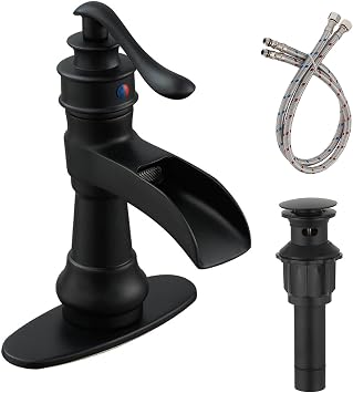 Black Bathroom Sink Faucet Waterfall Bath Faucets Single Handle | Single Hole Deck Mounted, Includes Matching Pop Up Drain and Supply Hose, Farmhouse Antique Commercial, Lead-free Brass