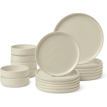 Amazon Basics 18 Piece Glazed Stoneware Set 6 Complete Place Settings Dishwasher Safe Ivory