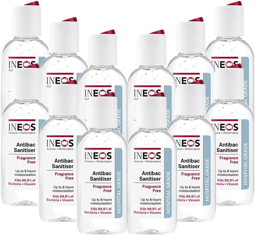 INEOS Mini Antibacterial Hand Sanitiser Gel 50ml - Fragrance Free - Hospital Grade Disinfectant, Eliminates 99.9% of Viruses and Bacteria, 12 x 50ml, Travel, Holiday, and Festival Essentials