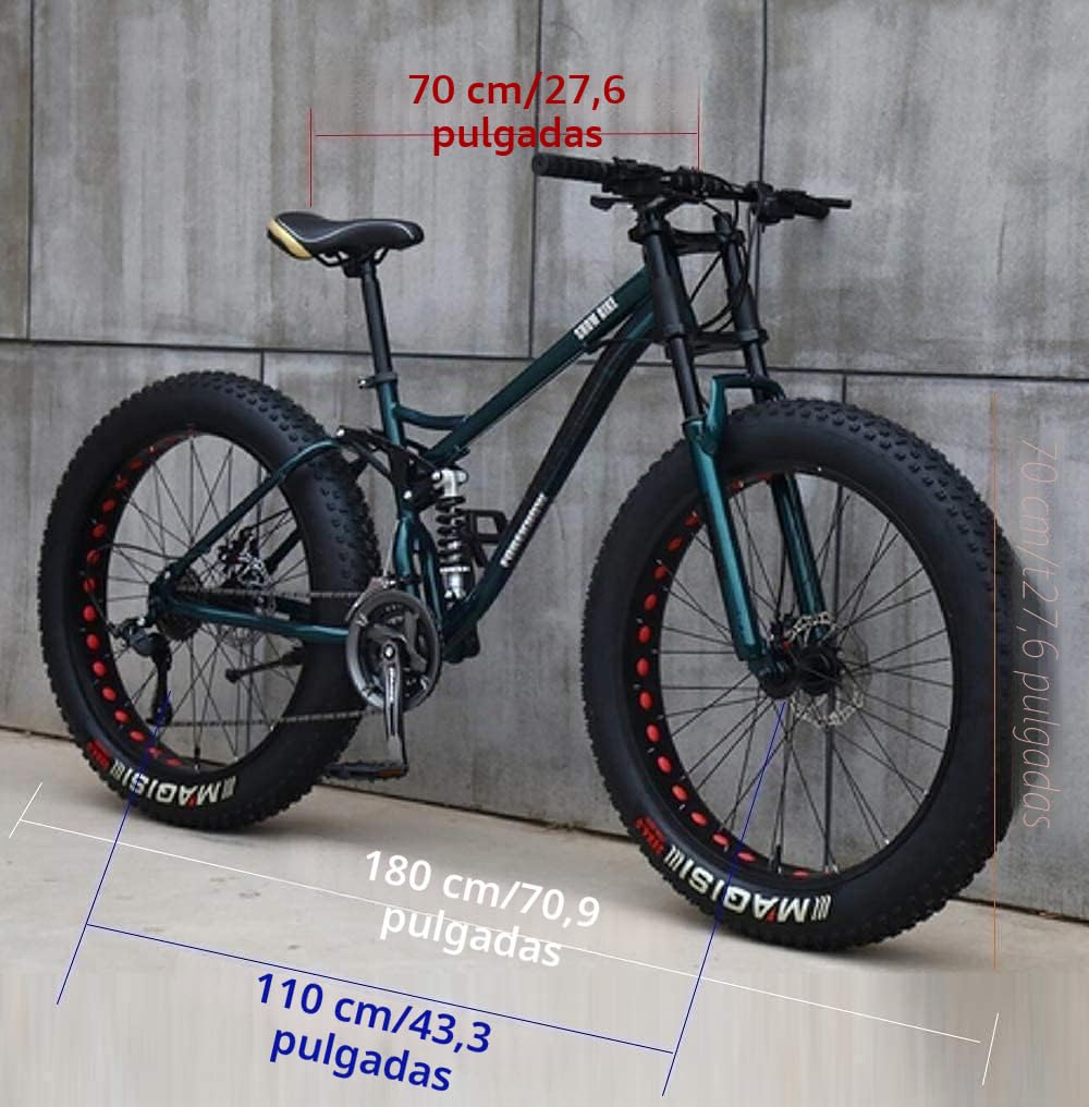Bicicleta Montaña 24/26" para Adultos, con Neumáticos Anchos, 21 Velocidades, Cuadro Acero Carbono, Suspensión Doble, Freno Disco Doble C,26inch