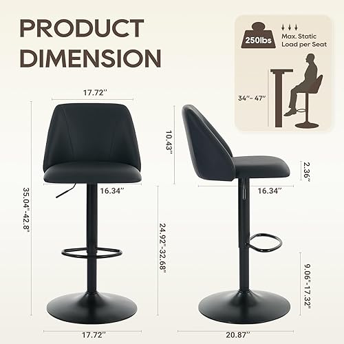 Miniatura 2 de COLAMY Juego de 2 taburetes de bar, sillas de bar giratorias modernas, taburetes de bar tapizados de piel sintética ajustable, altura de mostrador