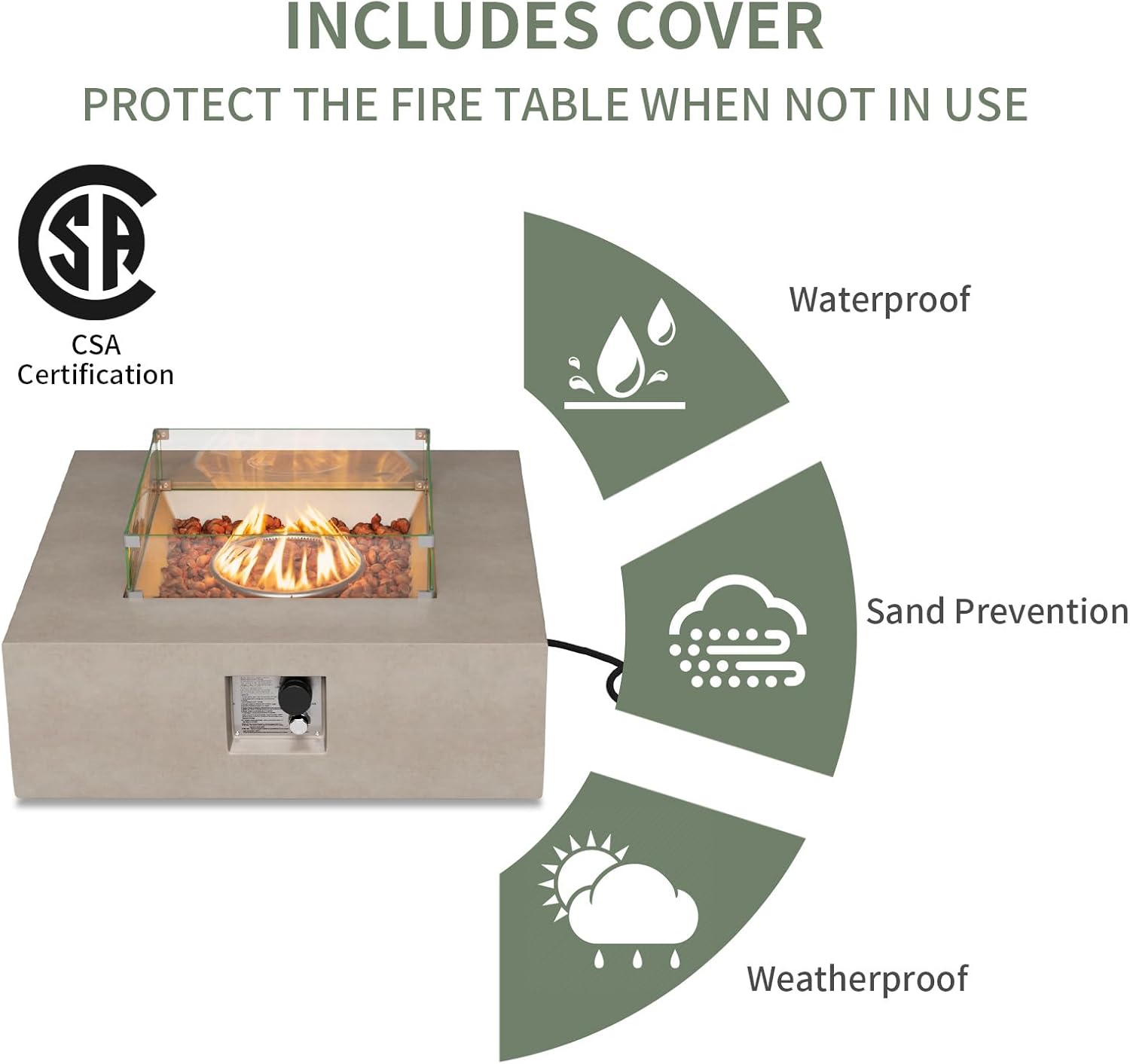 COSIEST 35-inch Square Outdoor Sandstone Propane Fire Pit w Wind Guard and Side Table, Certified, 50,000 BTU Stainless Steel Burner, Free Lava Rocks and Rain Cover, Metal Lid(Gray)