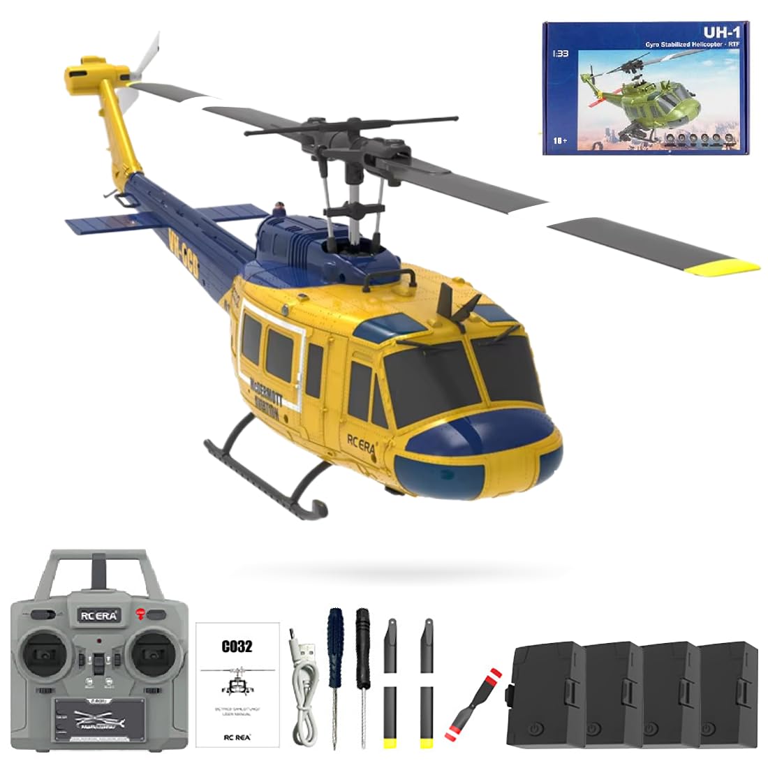 rcxperts RC ERA C032 RC Helicopter, 1/48 Scale 2.4G 6CH UH-1 Huey Flybarless RC Helicopter, 6-Axis Gyroscope Stabilization, with Altitude Hold & 3D