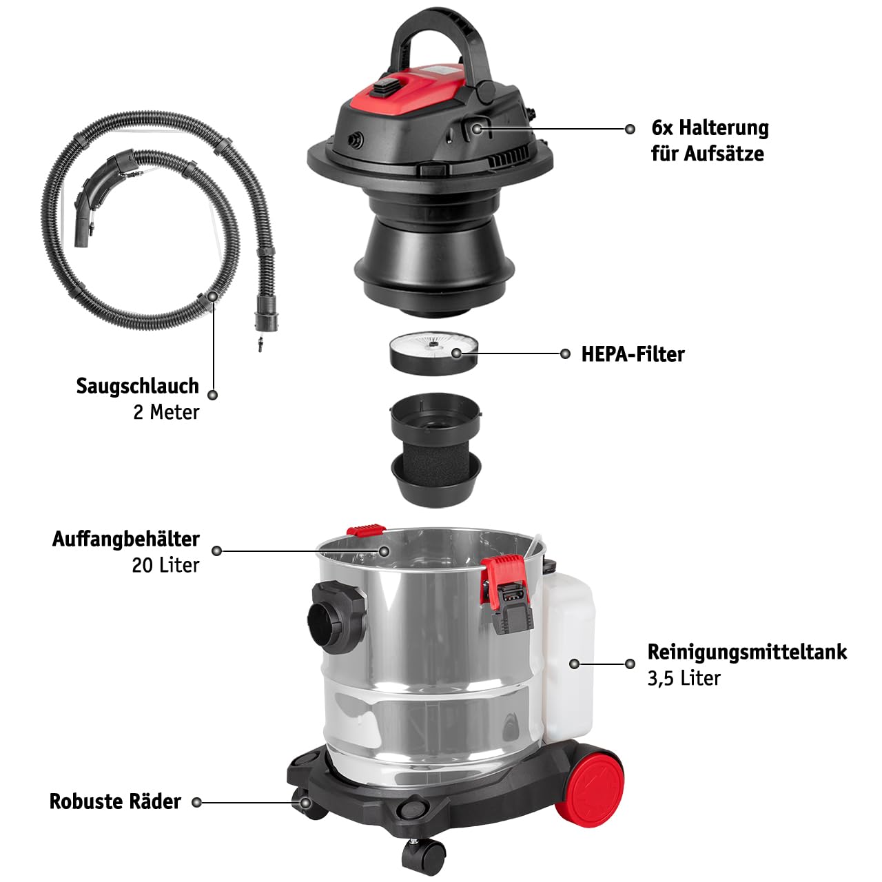 WALTER Waschsauger 1600 W, Polsterreiniger, Teppich-Reinigungsmaschine, Nasssauger, Trockensauger, schnell, effektiv, einfach zu bedienen, leistungsstarke Saugkraft, mit 20 L Auffangbehälter
