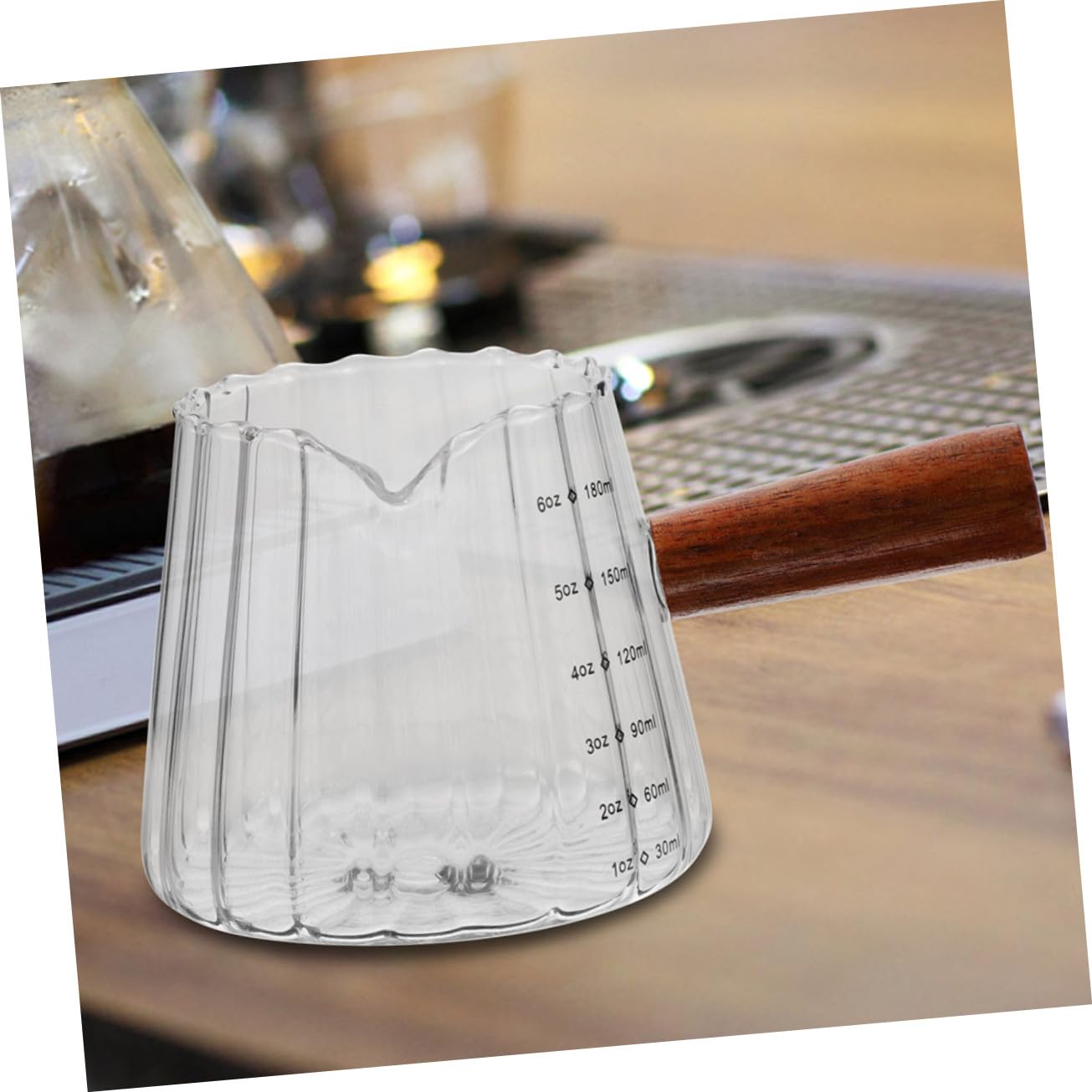 2 piezas Jarras Medidoras para Leche con Mango de Madera Vaso Pequeño para Espresso y Medidor Multifuncional para Cocina Transparente
