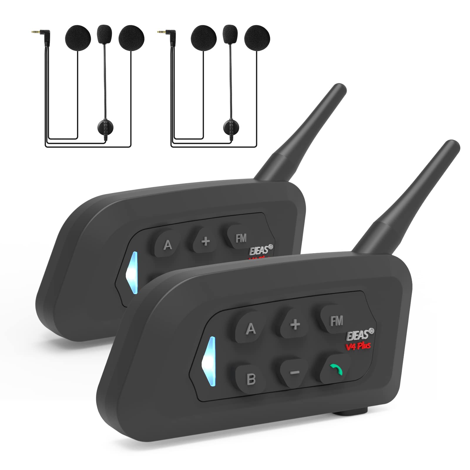 V4Plus Bluetooth Headset Intercom for Motorcycle, 4-way Communication System Waterproof 1500m Wireless Motorbile Interphone With Voice Assistant/Noise Cancellation/FM (2pc)
