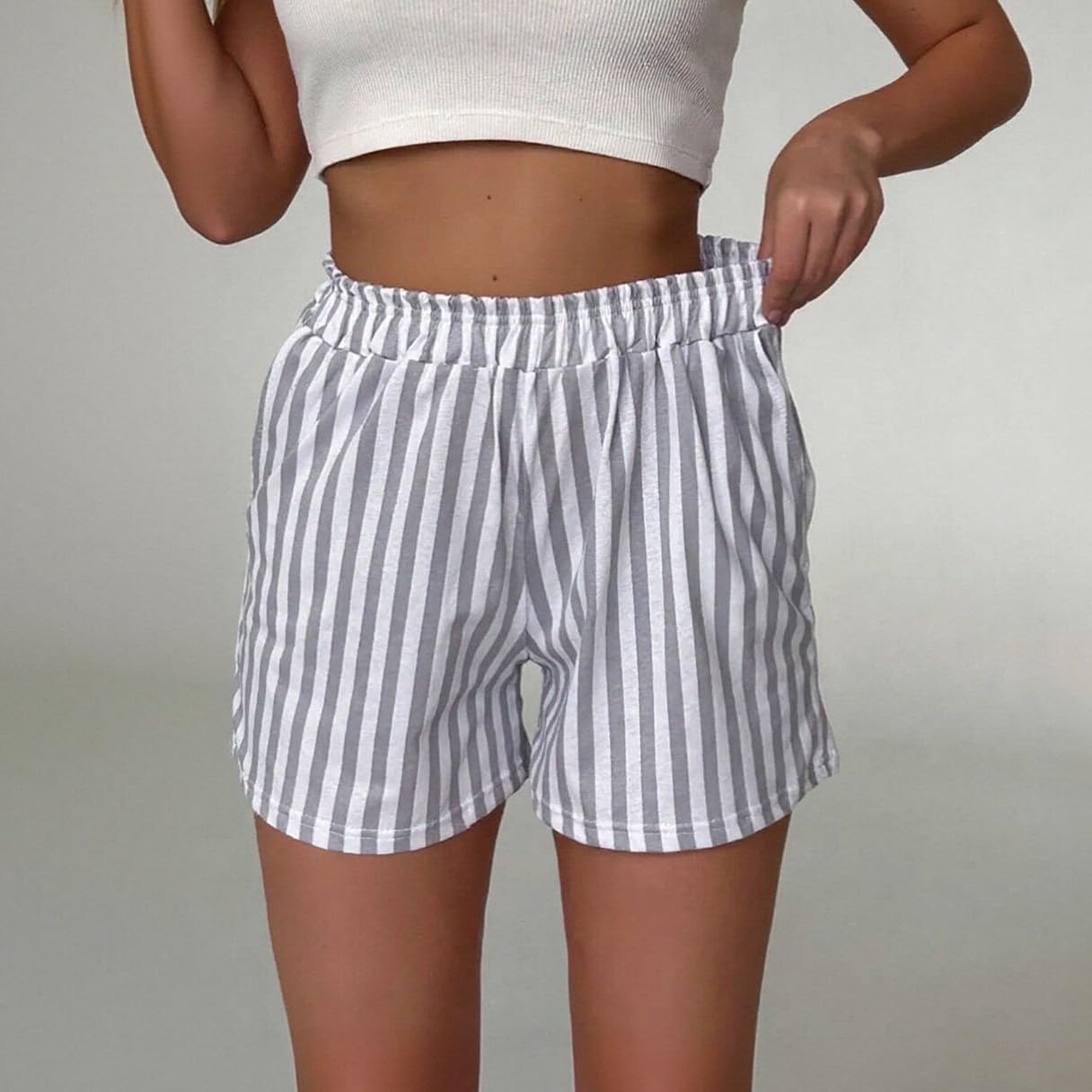 Women's Striped Shorts Print High Elastic Waist Shorts Casual Wide Leg Summer Boxer Shorts Comfy Loose Lounge Short