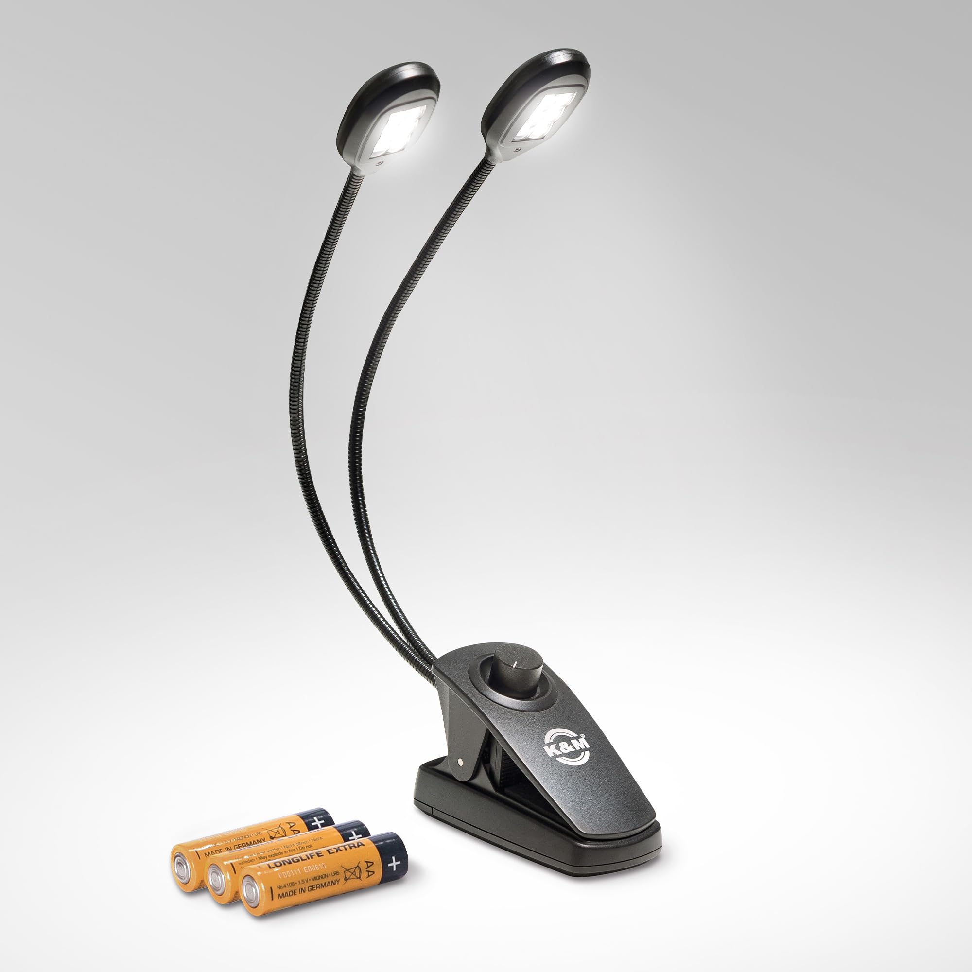 K&M 12271 Lampe pour pupitre à musique Twin Head Pro Noir - avec clip et cols de cygne, 2 x 2500 Lux par tête, 3000 Kelvin