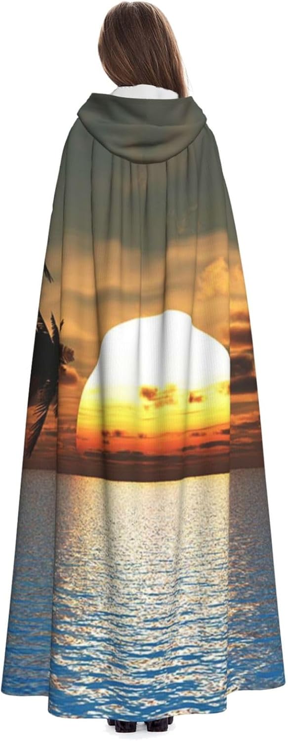 (Beach Sunrise) Halloween Hooded Cape Full Length Cloak with Hood Cosplay Robe for Costume Party