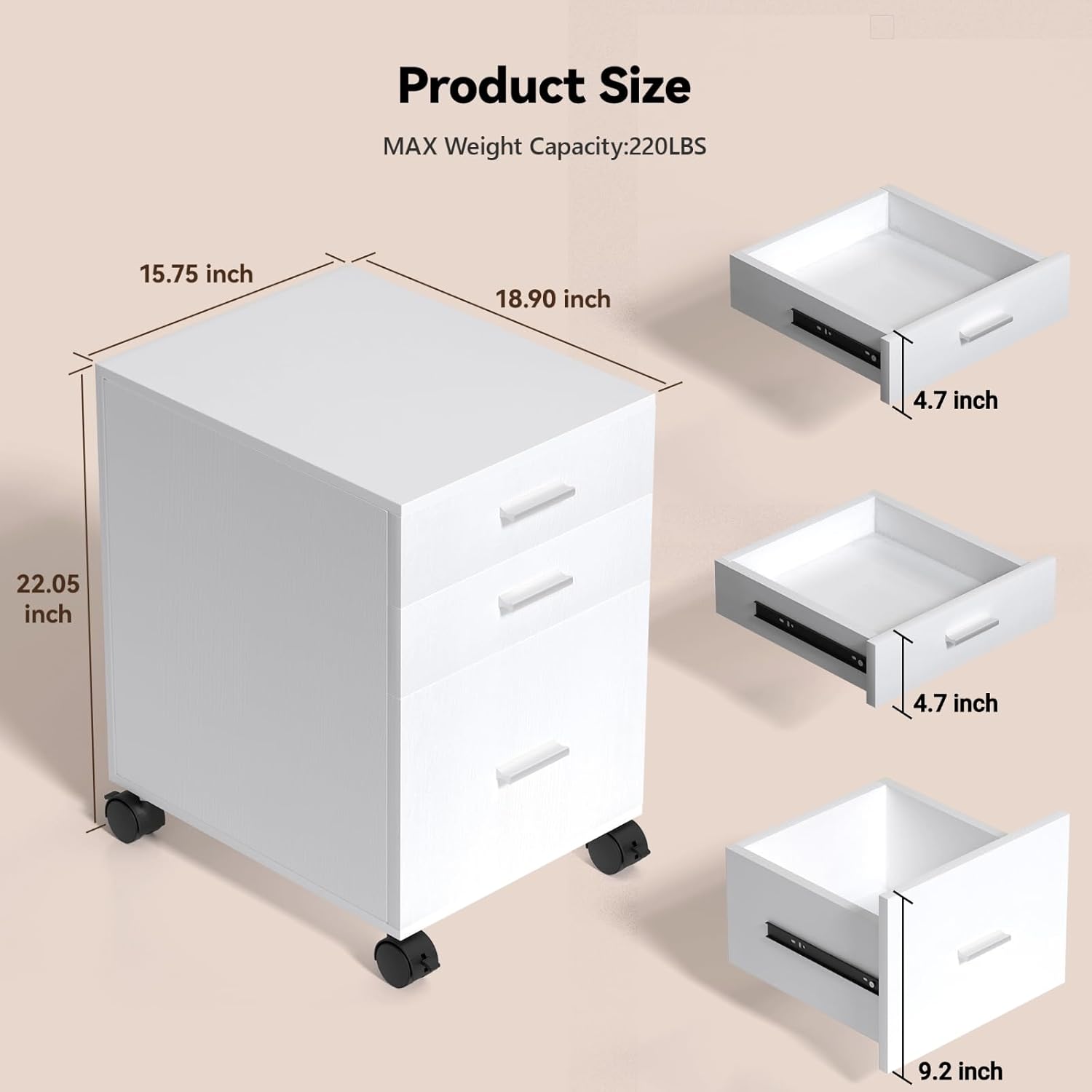 3 Drawer File Cabinet with Wheels,Pre-Assembled Wood Organizer for Home Office,Mobile Printer Stand Storage,19" L x 16" W x 22" H​ (White)
