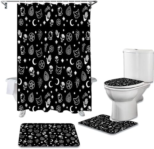 ZGDPBYF Juego de 4 piezas de cortina de ducha gótica con diseño de estrellas, bruja, cráneo, luna, adivinación gótica, antideslizante, cubierta de