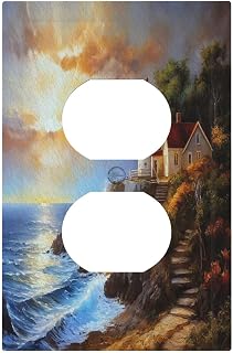Decorative Outlet Covers Nautical Lighthouse Oil Painting Sunset Coastal 1 Gang Duplex Light Switch Cover Plate Electrical Switch plate Covers Wall Plates Receptacle Covers for Home Decor
