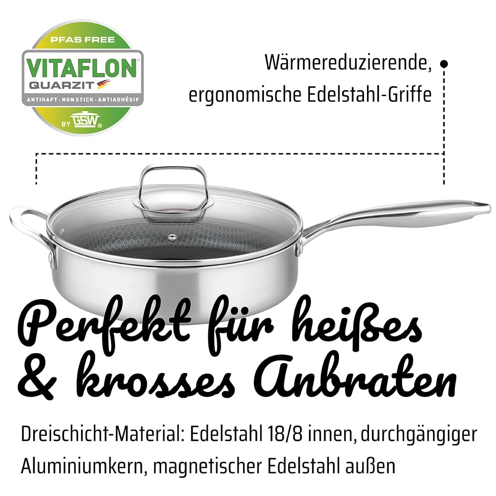 GSW Schmorpfanne Inoxxa Black, Hohe Pfanne mit Glasdeckel & Gegengriff, Edelstahlpfanne, Wabenpfanne mit kratzfester Antihaftbeschichtung, Bratpfanne Induktion, 28 cm